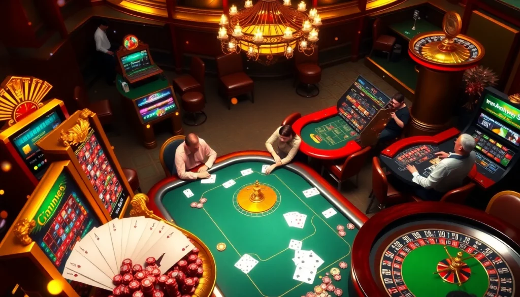 The action-packed gameplay at https://123b.ing/ featuring slot machines, poker tables, and roulette wheels.