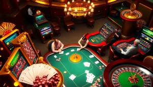 The action-packed gameplay at https://123b.ing/ featuring slot machines, poker tables, and roulette wheels.
