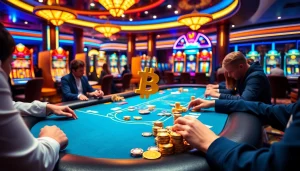 Des joueurs dans des casinos Bitcoin profitant d'une partie de poker dynamique et de machines à sous colorées.
