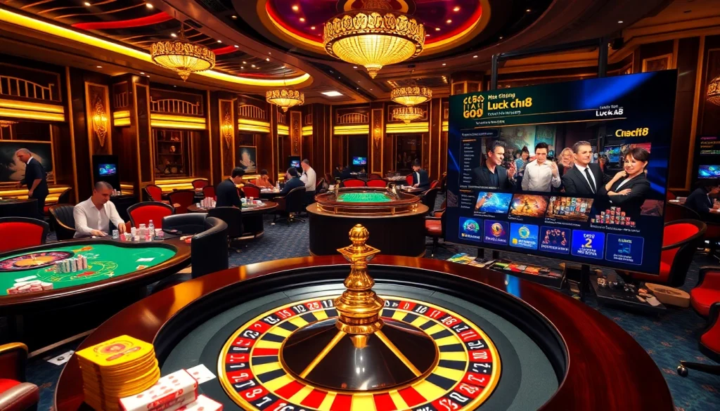 Experience excitement at Trang chủ Luck8 with vibrant casino tables, roulette wheel, and engaging players.