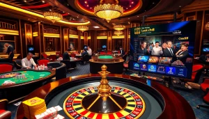Experience excitement at Trang chủ Luck8 with vibrant casino tables, roulette wheel, and engaging players.