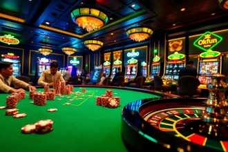 Experience the thrill of high-stakes gambling at Okfun poker tables with vibrant chips.