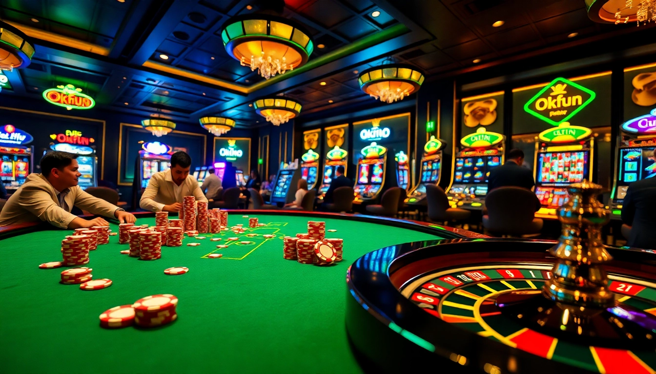 Experience the thrill of high-stakes gambling at Okfun poker tables with vibrant chips.