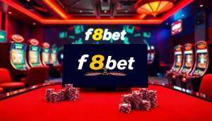Experience thrilling online gambling with f8bet featuring casino tables, poker chips, and slot machines.