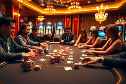 FLY88 blackjack players celebrating a winning hand at an opulent casino table.