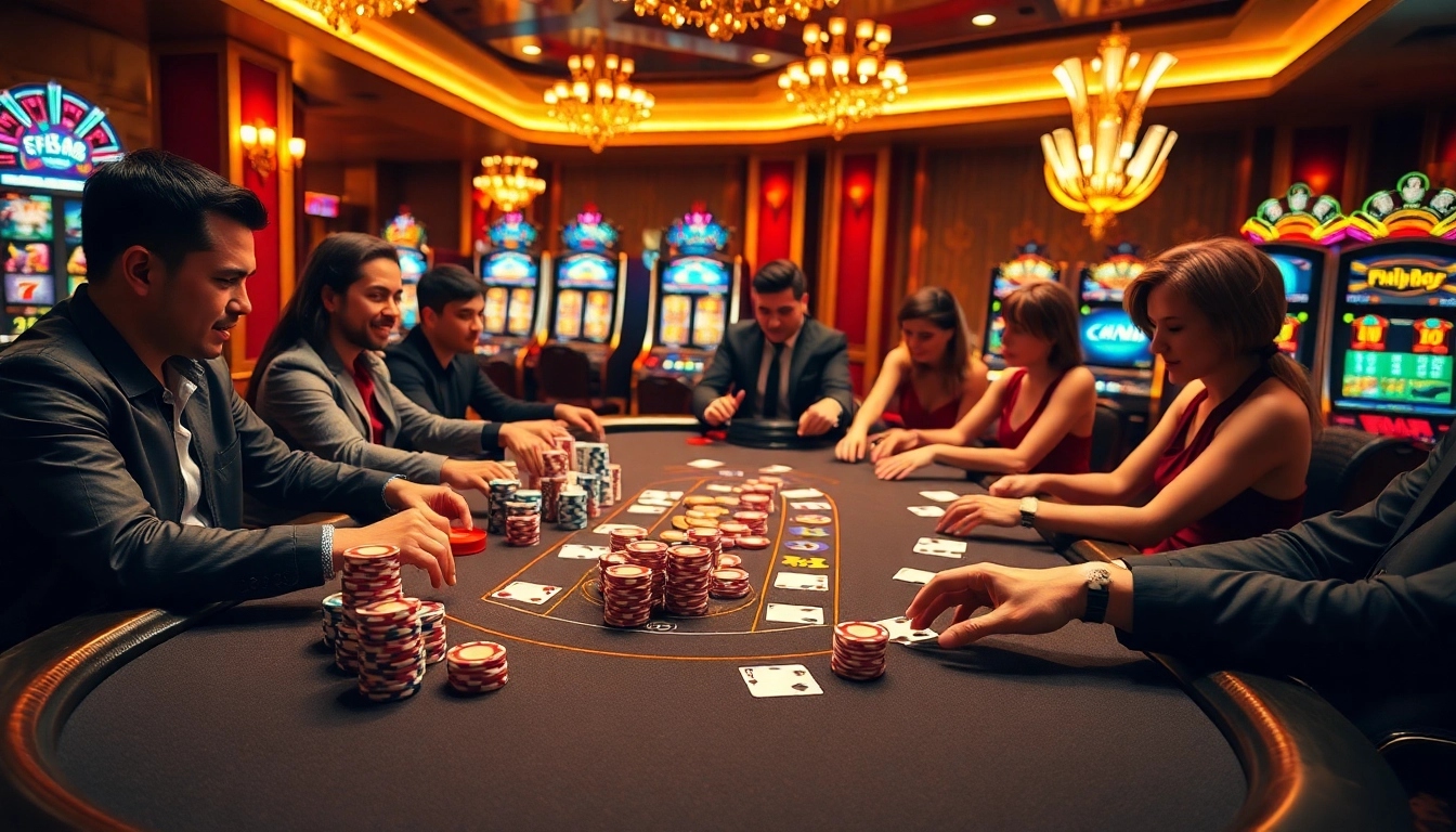 FLY88 blackjack players celebrating a winning hand at an opulent casino table.