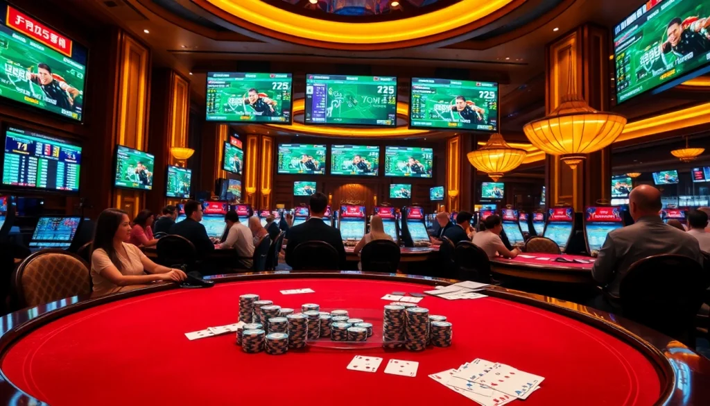 Exciting casino scene with players engaged in sports betting, featuring tỷ lệ kèo odds on screens.