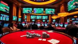 Exciting casino scene with players engaged in sports betting, featuring tỷ lệ kèo odds on screens.