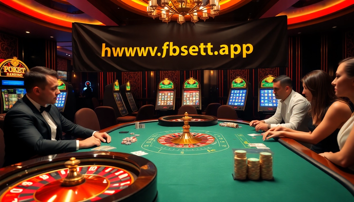High-stakes poker action at a luxury casino featuring https://fsbet.app/ promotional banner.